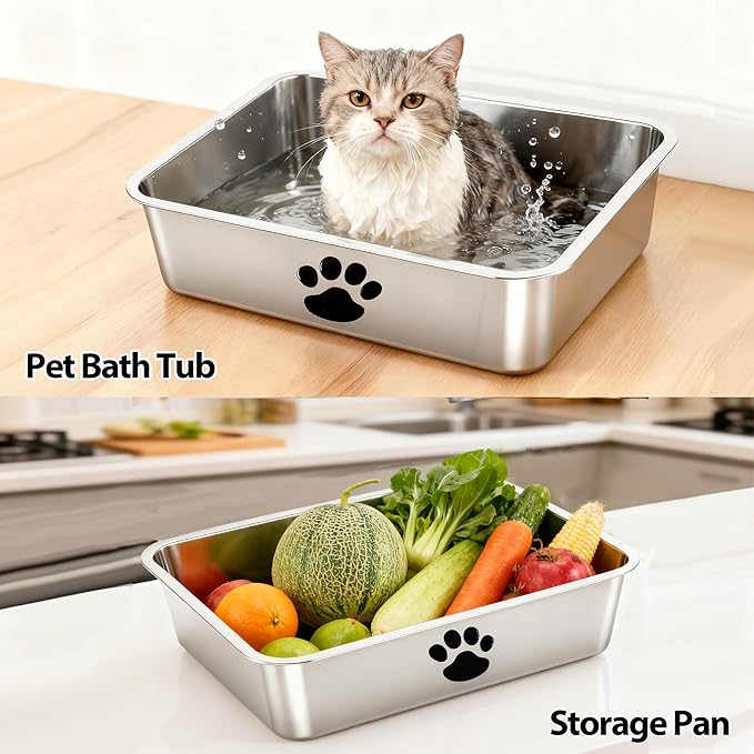 Stainless Steel Litter Box, Metal Cat Litter Pans-4“ Height Low Entry Indoor Pet Toilet Supplies for Kitty, Kitten, Rabbit, Puppy,No Stick Easy Clean-No Smell