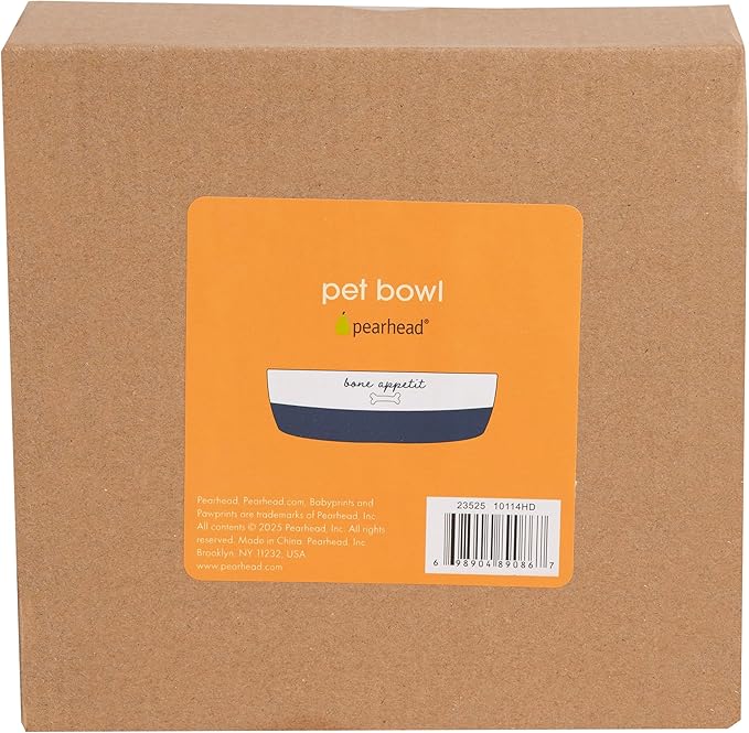 Pearhead Ceramic Dog Bowl – White & Navy “Bone Appétit” Design, Holds 2 Cups, Stoneware Pet Dish, Non-Skid Feeding Bowl, Small/Medium