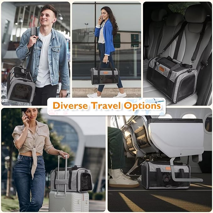 PETUX Pet Carrier Airline Approved, 17"x11"x9.5" Cat Carrier Soft with Anti-Scratch Mesh for Small Cats up to 12 lb, Top Open Portable Dog Carriers with Little Box for Puppy up to 10 lb (Grey)