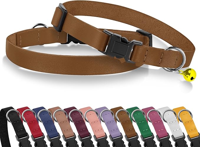 Breakaway Cat Collar with Bell - Leather Adjustable Kitten Collars with Safety Quick Release Buckle - Soft Small Pet Collars for Girl & Boy Cats (Brown)