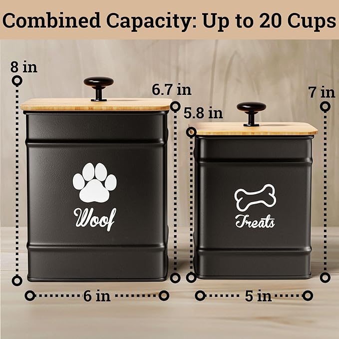 Dog Treat Container Airtight Set of 2 - 8x6 & 7x5 inch Iron Dog Treat Jars for Kitchen Counter with Airtight Bamboo Lids - 20 Cup Capacity Pet Treat Container Set - Doggie Cookie Jar - Treats Canister