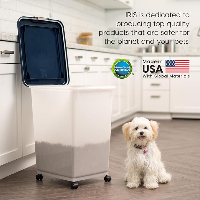 IRIS USA Airtight Pet Food Storage Container, Up to 54 lbs, Attachable Wheels, For Dog Cat Bird and Other Pet Food Storage Bin, Keep Fresh, Easy Mobility, BPA Free, Navy/Pearl