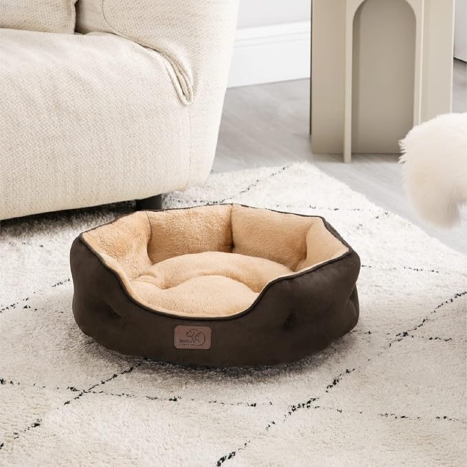 Bedsure Dog Beds for Small Dogs - Round Cat Beds for Indoor Cats, Washable Pet Bed for Puppy and Kitten with Slip-Resistant Bottom, 25 Inches, Brown