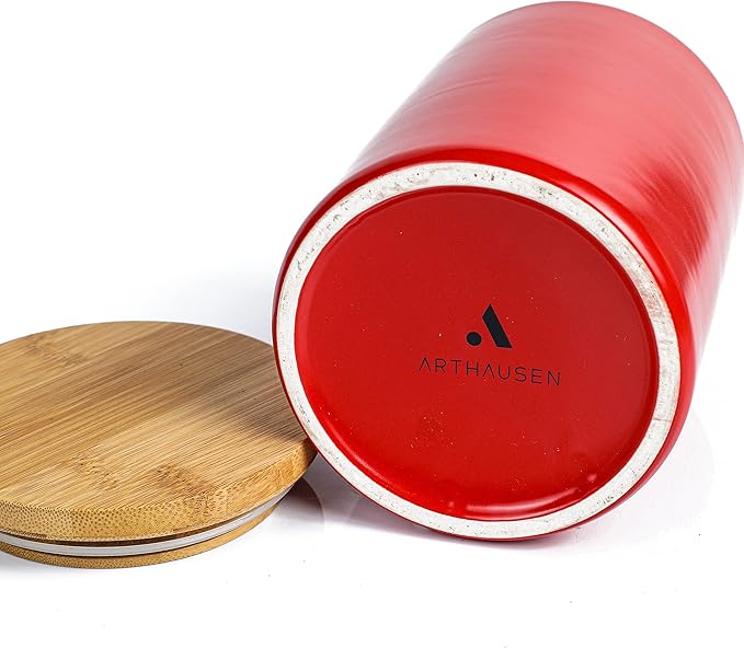 Arthausen Red Ceramic Storage Jar Canister for Flour Sugar - Airtight Bamboo Lid w/Silicone Seal, Spoon - Modern Abstract Art Design for Kitchen Counter Bathroom - 4 cup / 1080mL