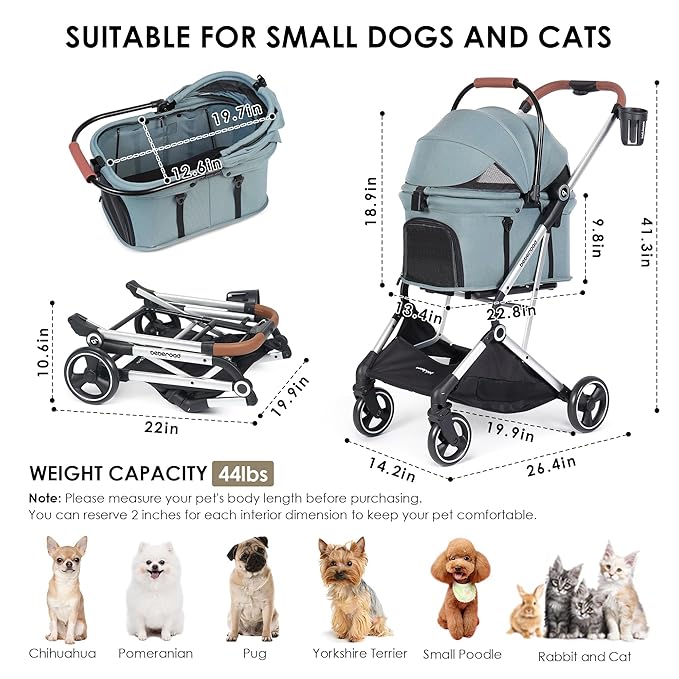 T3 Pro 3-in-1 Small Pet Stroller for Dog & Cats, 4 Wheels with Detachable Carrier with Pad, Canopy and Cup Holder, Green