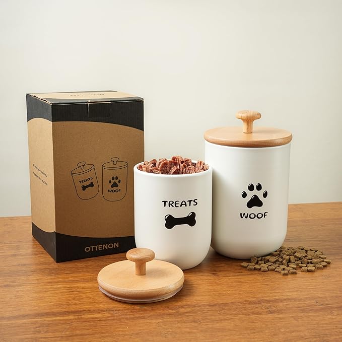 Dog Treat Container Set of 2, Dog treat jar with Airtight Lid, Small dog food container, Dog Cookie Jar for kitchen Counter, Treats Canister, Pet Treat Container 8.3x4.9 & 7.1x4.3 (White)