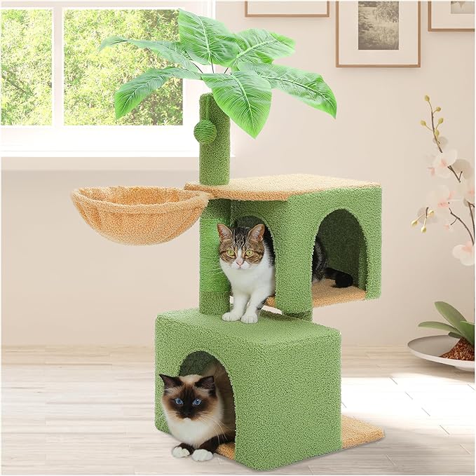 Green Cat Tree for Indoor Cats, 43" Small Cat Tower with Realistic Leaves, Scratching Posts, Dual Condos and Cozy Hammocks, Kitten Activity Center with Dangling Ball