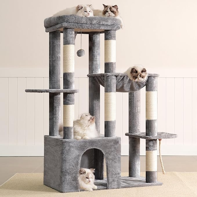 Heybly Heavy Duty Cat Tree, Tower for Indoor Cats Large Adult, Tall Cat Condo House with Extra-Large Baseboard, Multi-Level Plush Furniture with Scratching Posts, Hammock,Toy Balls,Light Gray HCT026W