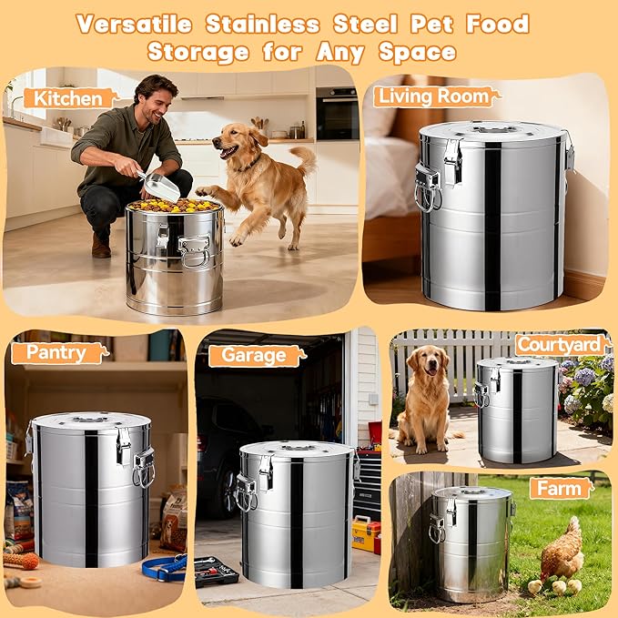 35lb Stainless Steel Dog Food Storage Container, Large Capacity Metal Pet Food Storage Container with Scoop, Airtight Dog & Cat Food Treat Bin for Dry Food Keep Fresh for Multi-Pet Households