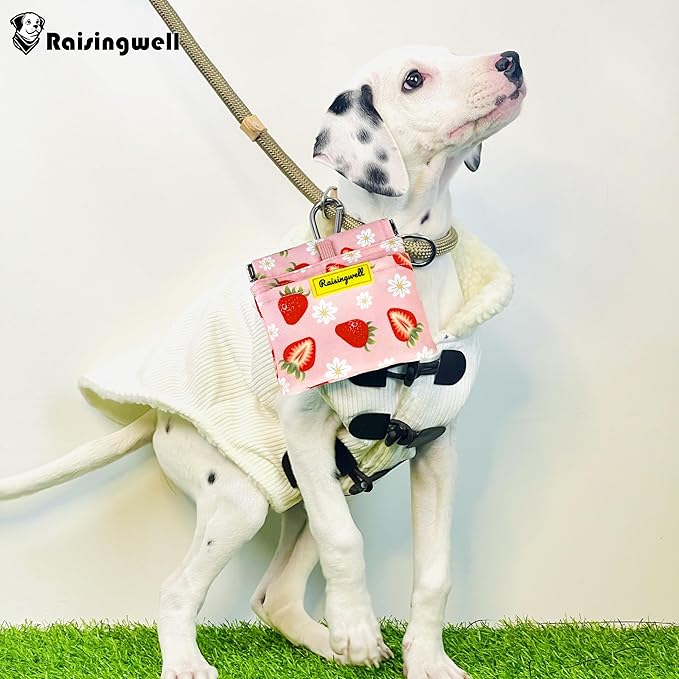 Dog Treat Pouch,Cotton Pocket Sized Training Holder, Hand Free Walking Funny Bag with Carabiner, Self-Closing Pet Feed Snack Reward, Behavior Aids for Puppy Travel or Outdoor Use(Strawberry)