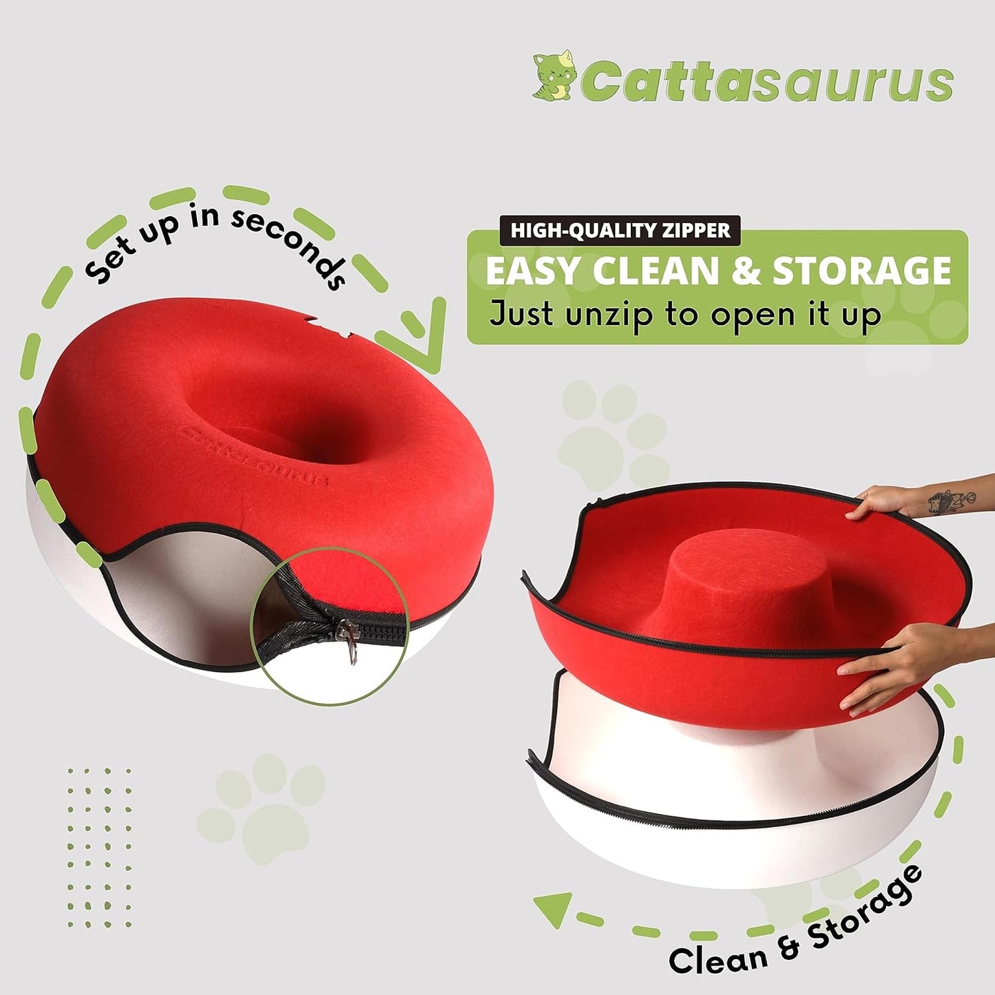 CATTASAURUS Peekaboo Cat Cave for Multiple & Large Cats Up to 30-45 Lbs, Scratch Detachable & Washable Tunnel Bed, Comfy Donut Cat Cave (Ruby Snowball, Large)