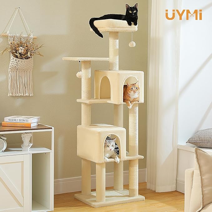62" Cat Tree for Indoor Cats, Multi-Level Cat Tower with 2 Spacious Condos, Dual Top Perches, Scratching Pad, 4 Scratching Posts, 2 Pompoms, Beige