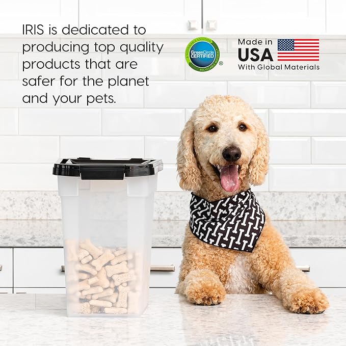 IRIS USA Airtight Dog Food Storage Container, WeatherPro, Up to 10 lbs, Removable Wheels, for Dog Cat Bird and Other Pet Food Storage Bin, Keep Fresh, Translucent Body, Made in USA, Clear/Black