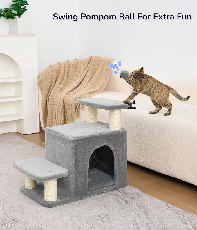 Happi N Pets Dog Stairs with Cat Scratching Post & Large Condo, Stable Pet Steps for High Beds Couch, 3 Combinations Cat Ramp Tree Tower for Cats or Small Dogs, Removable Cushion & Bonus Toy, Gray