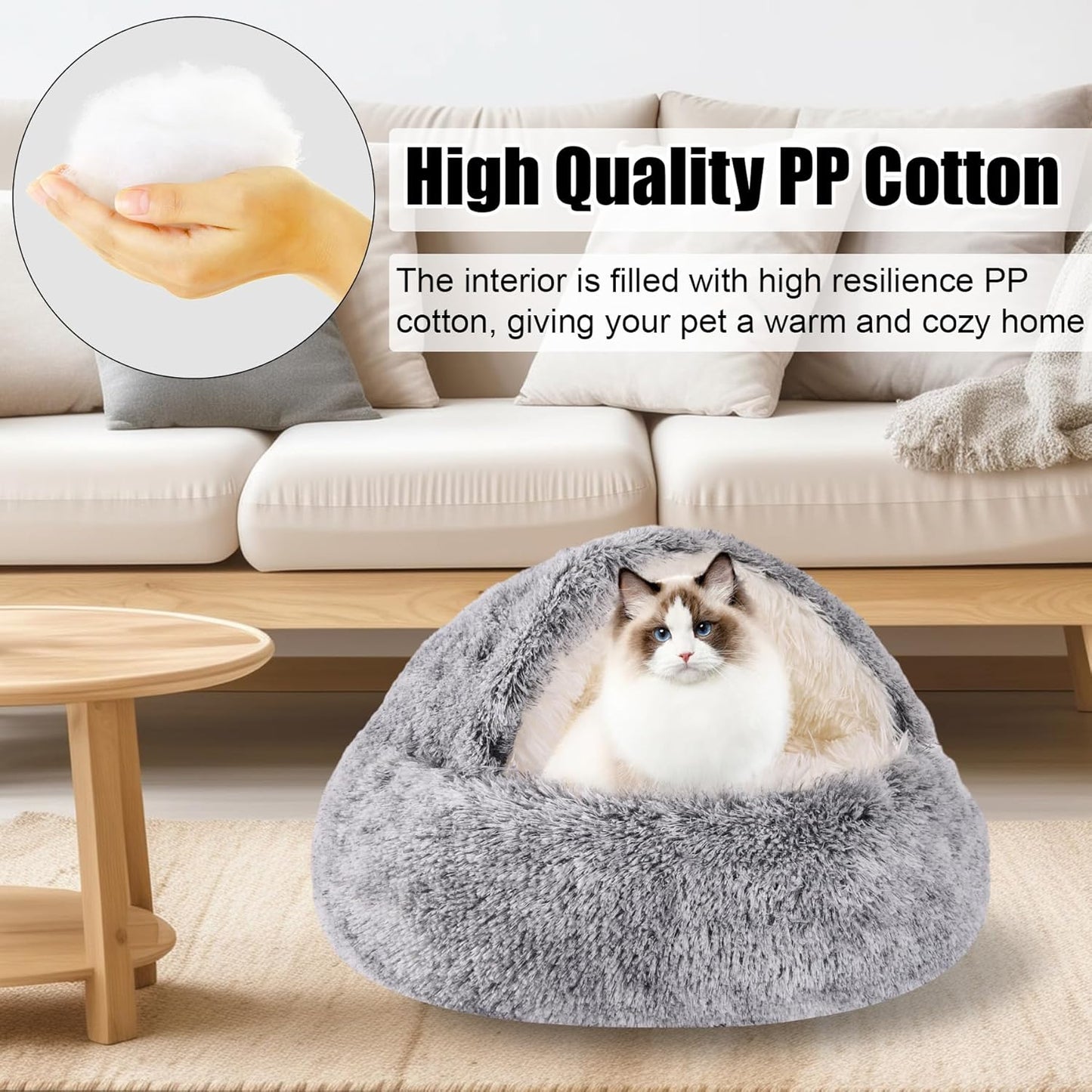 HYQ Small Dog Bed with Cover Cave, Cat Beds for Indoor Cats Washable, Cozy Cat Cave Bed, Round Puppy Bed with Hooded Cover, Dog Beds for Small Dogs with Anti-Slip Bottom (Grey, 20×20 Inch)