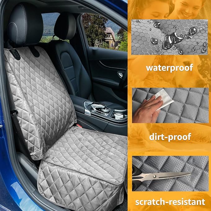 PETICON Waterproof Front Seat Car Cover 2 Pack, Full Protection Dog Car Seat Cover with Side Flaps, Nonslip Scratchproof Captain Chair Seat Cover Fits for Cars, Trucks, SUVs, Jeep, Gray (Gray)