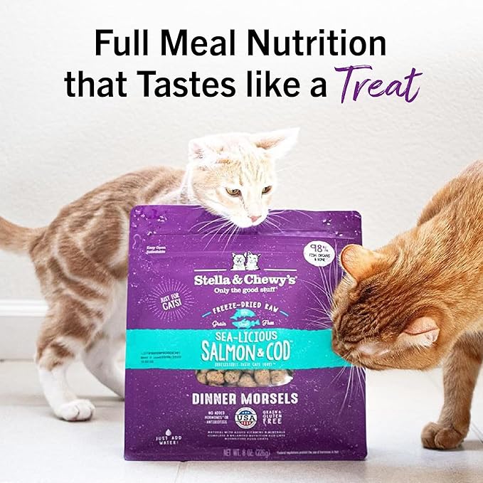 Stella & Chewy's Freeze-Dried Raw Cat Dinner Morsels - Premium Salmon & Cod Recipe with 98% Wild-Caught Fish & Organs - Natural Grain-Free Cat & Kitten Food - Made in USA - 8 oz