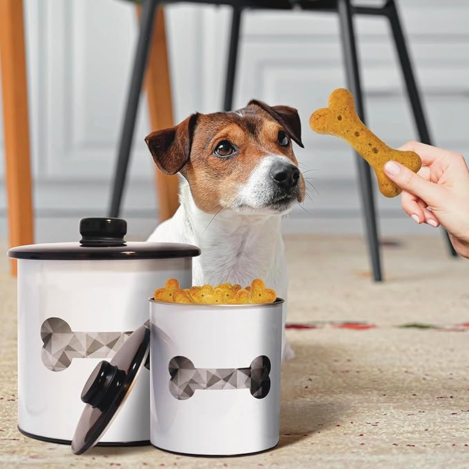 2pc Set Dog Treat Container with Lid, Round Tin Dog Treat Storage Jar for Countertop (Bone)