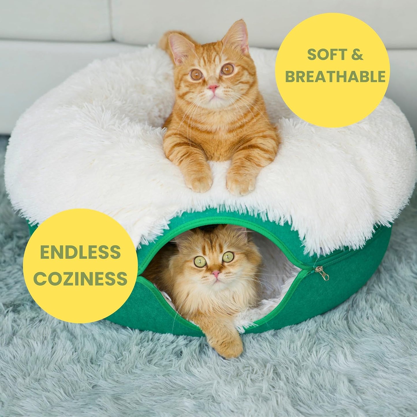 CATTASAURUS Peekaboo Cat Cave for Multiple & Large Cats Up to 30-45 Lbs, Fluffy Cat Beds & Furniture, Scratch Detachable & Washable Tunnel Bed, Comfy Donut Bed (Forest Green, Large (Calming))