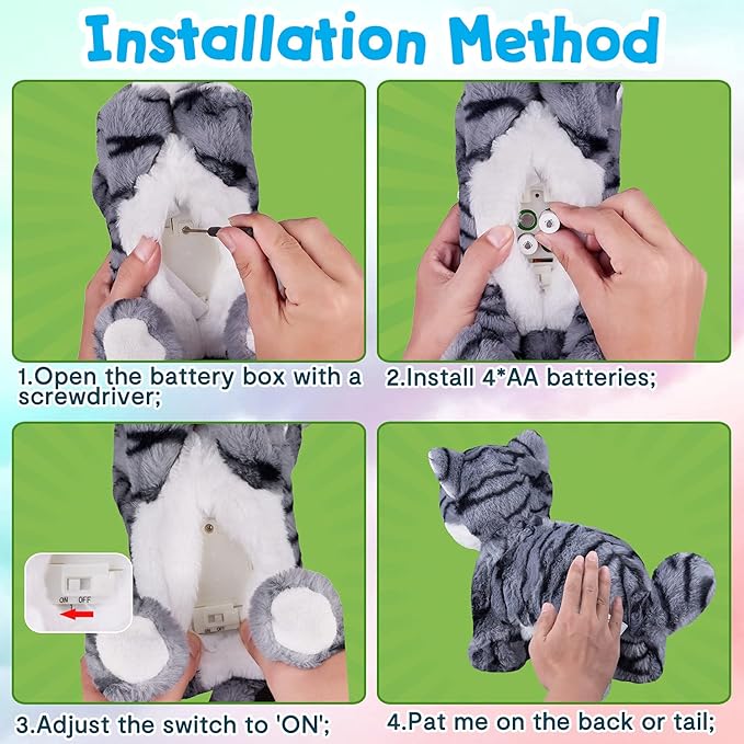 Pattern Gray Robotic Cat Toy for Kid That Move and Meow Purrs Touch Control Kitten Toys Animated Realistic Kitty Toys Kitten Robot Toy for Halloween Birthday H:12"