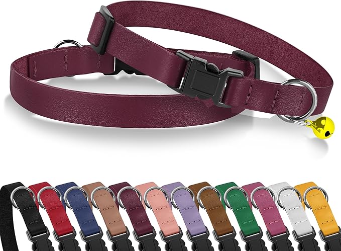Breakaway Cat Collar with Bell - Leather Adjustable Kitten Collars with Safety Quick Release Buckle - Soft Small Pet Collars for Girl & Boy Cats (Burgundy)