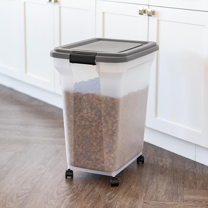 IRIS USA Dog Food Storage Container 40 lbs, Attachable Wheels, & Included Scoop, for Dog Cat Birds and other Pets, Food Storage Bin, Keep Fresh, Easy Mobility, BPA Free - Made in the USA, Dark Gray
