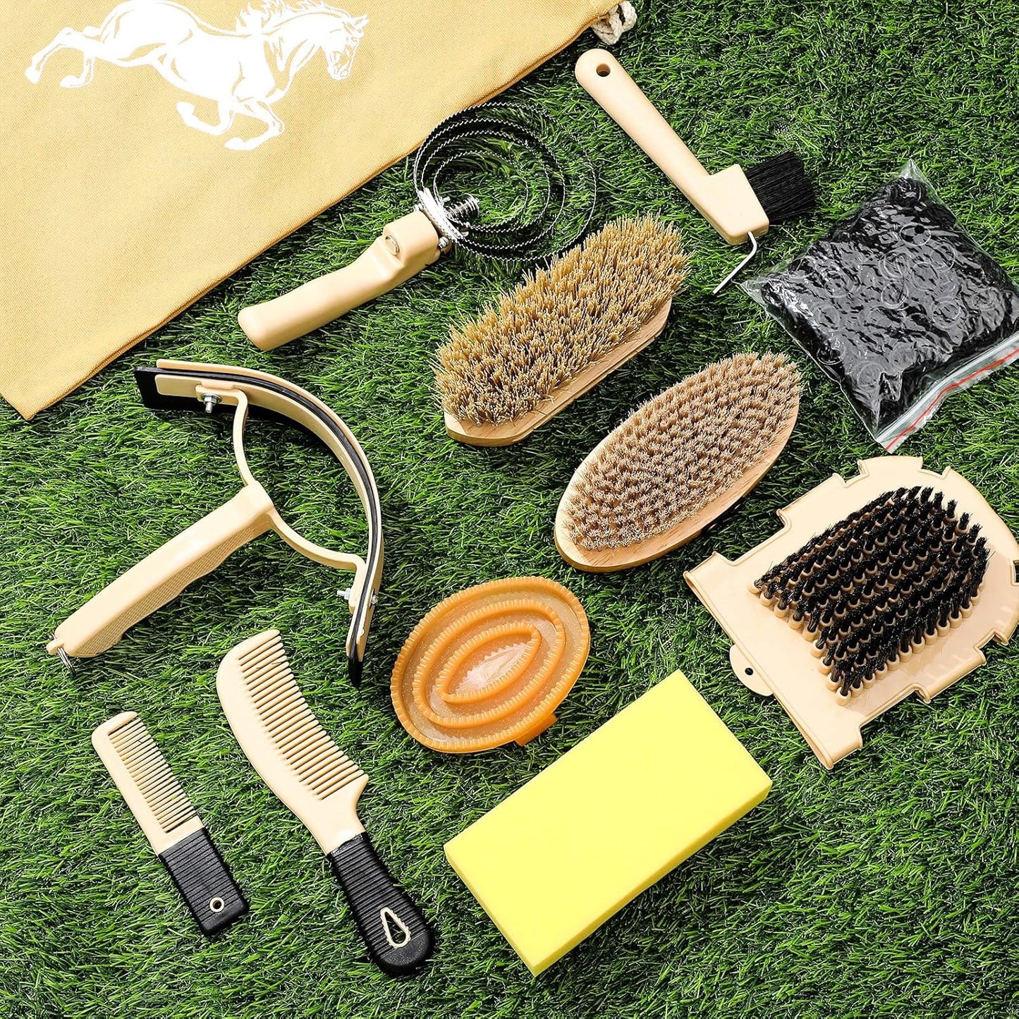Abbylike 12 Pieces Horse Grooming Kit Racing Festival Tack Room Supplies Horse Brush Sets Equine Care Cleaning Kit Shedding Grooming Massaging Tools(Khaki)