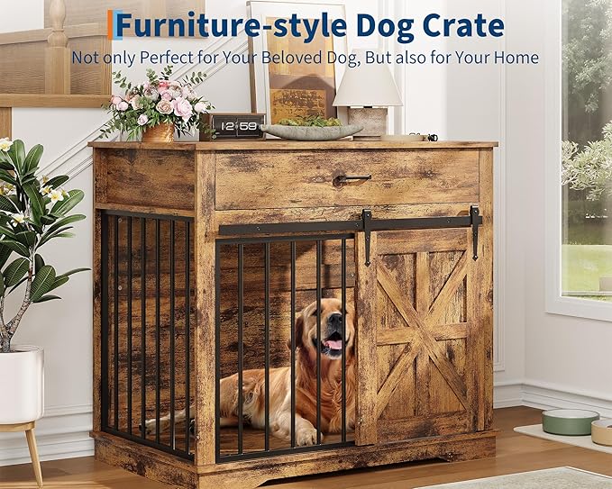 37.8" Dog Crate Furniture, Farmhouse Style 2-in-1 Dog Crate with Sliding Barn Door for Small/Medium Dogs, Dual Function as Side Table with Storage Drawer, 2-in-1 Iron-Wood Fusion Design, Brown