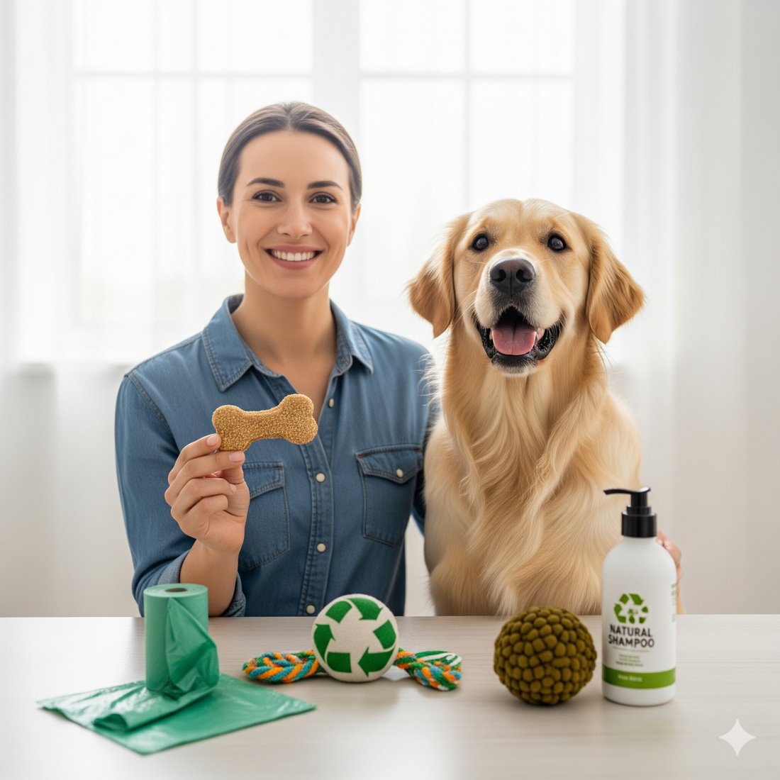 흰 배경 앞에 한 젊은 여성이 활짝 웃으며 골든 리트리버와 함께 앉아 있습니다. 여성은 한 손에 뼈 모양의 강아지 간식을 들고 있고, 테이블 위에는 재생 가능한 재료로 만든 공 장난감, 친환경 배변 봉투, 그리고 'NATURAL SHAMPOO'라고 쓰여 있는 샴푸 병이 놓여 있습니다.