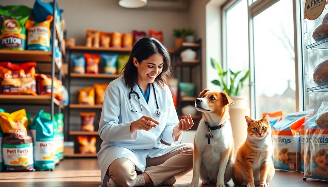 "수의사 유니폼을 입은 한 젊은 여성이 밝은 애완동물 가게 바닥에 쪼그리고 앉아 미소 짓고 있습니다. 그녀의 옆에는 목줄을 맨 중간 크기의 갈색과 흰색 개와 그 옆에 주황색 줄무늬 고양이가 앉아 있습니다. 배경에는 다양한 애완동물 사료 봉투와 용품이 진열된 선반들이 보이며, 창문에서는 자연광이 들어옵니다."