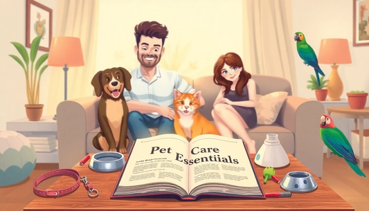 "따뜻한 거실에서 한 남자와 여자가 소파에 앉아 있고, 그들 옆에는 각각 개와 고양이가 있습니다. 앞쪽 테이블 위에는 'Pet Care Essentials'라는 제목의 펼쳐진 책이 놓여 있고, 그 주변에 애완동물 목줄, 그릇, 빗, 장난감 등 다양한 애완동물 용품이 있습니다. 이미지 오른쪽에는 두 마리의 화려한 앵무새가 공중에 떠 있습니다. 전체적으로 편안하고 행복한 애완동물과 주인의 모습을 보여주는 만화 스타일의 그림입니다."