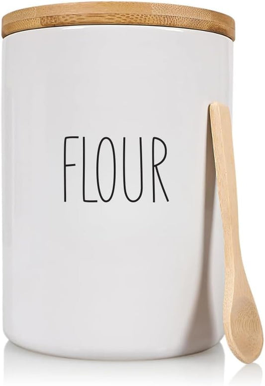 Arthausen Flour Ceramic Storage 4 Cup / 1080mL Container w/Bamboo Lid Silicone Seal & Spoon, Modern Abstract Art Design for Flour Coffee Spice Airtight Storage on Kitchen Counter Bathroom Organizer