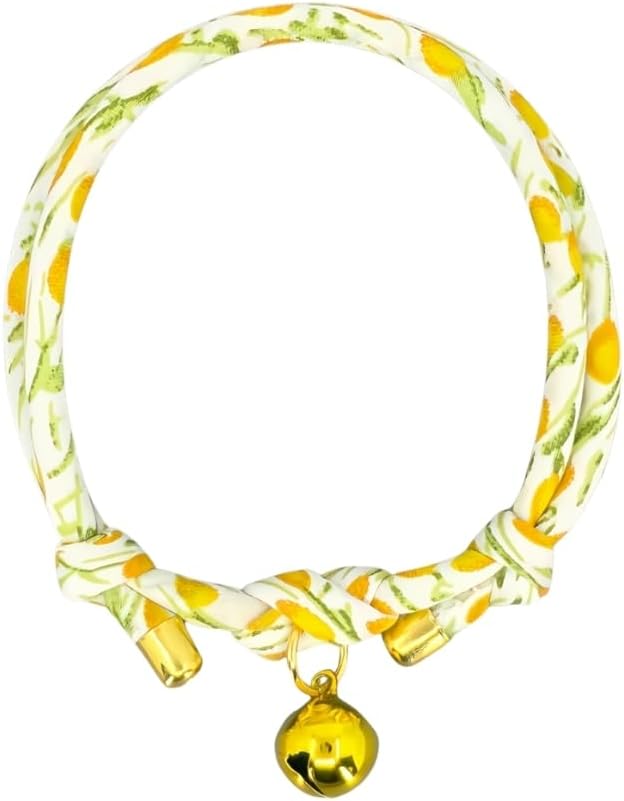 Handmade Cotton Spring Cat Collar with Bell – Adjustable Slip-On Design, No Buckle, Lightweight Rope Collar for Kittens, Indoor Cats, and Small Pets (Leaf-Yellow)