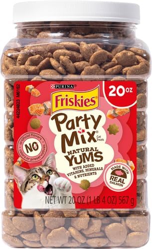 Friskies Purina Natural Cat Treats Party Mix Natural YUMS with Real Salmon and Added Vitamins, Minerals and Nutrients - 20 Oz. Canister (Pack of 2)