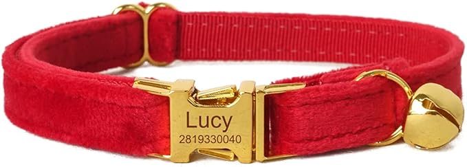 Cat Collar Personalized with Name Engraved and Bell, Customized Velvet Collars for Puppy Kittens (Red, S)