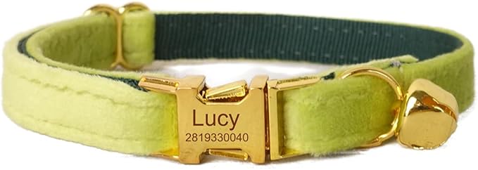 Cat Collar Personalized with Name Engraved and Bell, Customized Velvet Collars for Puppy Kittens (Moss Green, L)