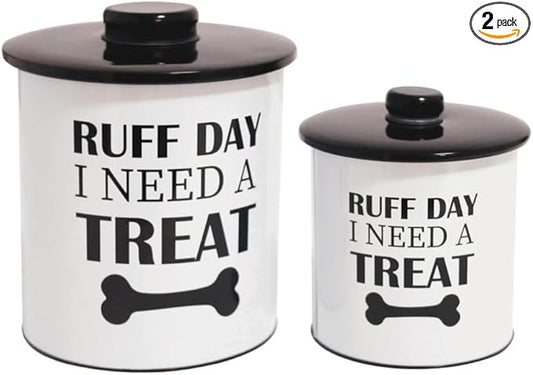 2pc Set Dog Treat Container with Lid, Round Tin Dog Treat Storage Jar for Countertop (Ruff Day)