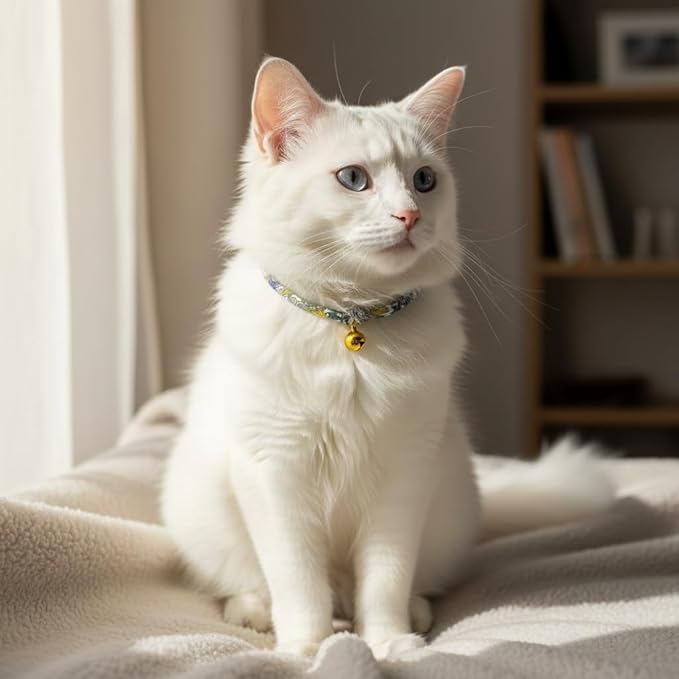 Handmade Cotton Cat Collar with Bell – Adjustable Slip-On Design, No Buckle, Lightweight Rope Collar for Kittens, Indoor Cats, and Small Pets (Iris)