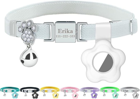 Personalized Safety Elastic Cat Collars with Bell Soft Silicone Cover for Air Tag,Laser Customized Stretch Kitten Collars for Girls Boys Cats (White)