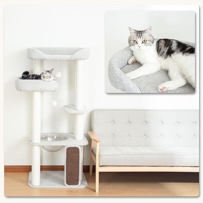 Cat Tree for Large Cat, Modern Senior Friendly Cat Tower with Wide Shelves Low Step, Cotton Scratching Posts, Super Sturdy Base, Cozy Perches, and Interactive Toys (Gray)