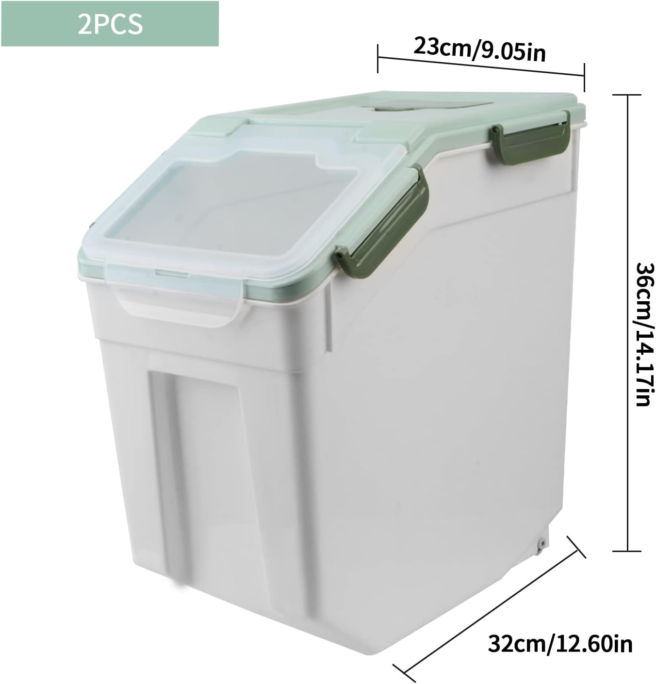 AnRui Airtight Flour Storage Container 25lb, Plastic Grain Storage Bucket, Rice Cereal Dispenser Organizer Box with Lid, Cat Dog Food Storage Bin with Measuring Cup, Scoop, Wheels, 2Pcs Green