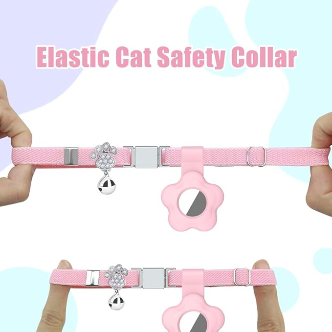 Personalized Safety Elastic Cat Collars with Bell Soft Silicone Cover for Air Tag,Laser Customized Stretch Kitten Collars for Girls Boys Cats (Pink)