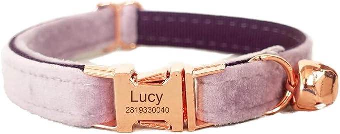 Cat Collar Personalized with Name Engraved and Bell, Customized Velvet Collars for Puppy Kittens (Purple, L)
