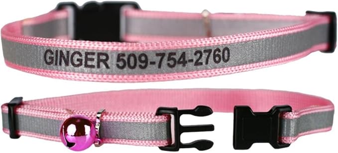 GoTags Personalized Reflective Cat Collars, Engraved Custom Cat Collar with Name and Phone Identification, Breakaway Collar with Safety Release Buckle and Bell, Adjustable for Cats and Kitten, (Pink)