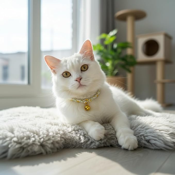 Handmade Cotton Spring Cat Collar with Bell – Adjustable Slip-On Design, No Buckle, Lightweight Rope Collar for Kittens, Indoor Cats, and Small Pets (Leaf-Yellow)