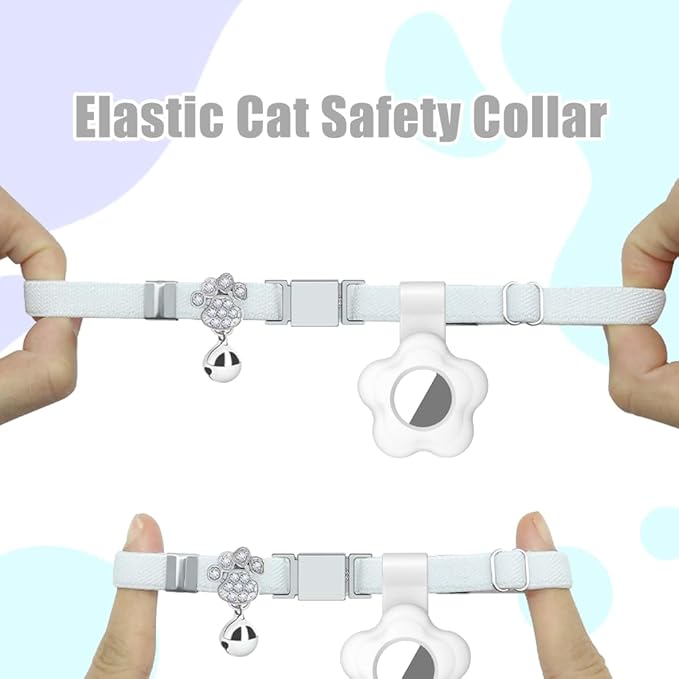 Personalized Safety Elastic Cat Collars with Bell Soft Silicone Cover for Air Tag,Laser Customized Stretch Kitten Collars for Girls Boys Cats (White)