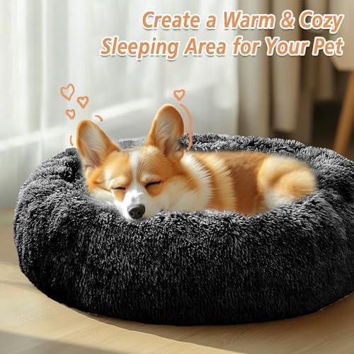 JOLLYVOGUE Small Dog & Cat Beds for Indoor Cats, Donut Cuddler Warming Soft Dog Beds with Anti-Slip Bottom, Round Calming Fluffy Plush Faux Fur Cushion Bed for Large Dogs (36", Black)