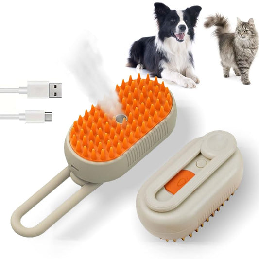 Cat Steam Brush for Shedding, 4 in 1 Rechargeable Pet Steam Brush for Dogs and Cats, Anti-Static, Massage, Cleaning, Shedding & Combing All In One! (Khaki)