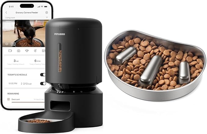 Bundle of PETLIBRO Automatic Cat Feeder with Camera, 1080P HD Video with Night Vision + PETLIBRO Slow Feeder Bowl for Small Dogs & Cats, 1.125 Cup— Anti-Gulp Stainless Steel Dog & Cat Bowl