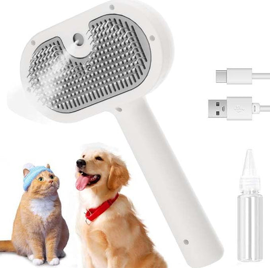Pet Steam Brush for Dog & Cat – 3-in-1 Spray Hair Removal Comb – Steam Brush for Shedding & Grooming – Water for Long & Short Haired Pets – Spritz Defur Comb (White)